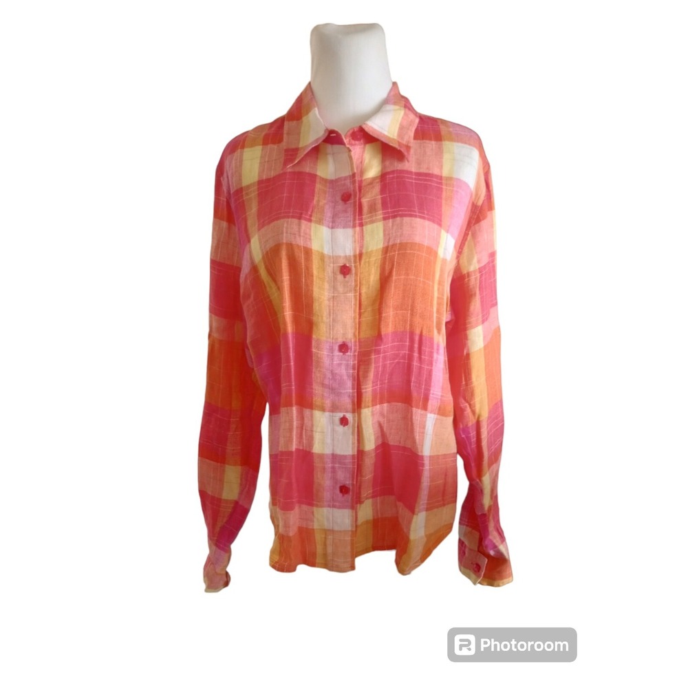 COLDWATER CREEK 95% Linen Blend Plaid Button Down Colorful Bright Sz L SHIRT